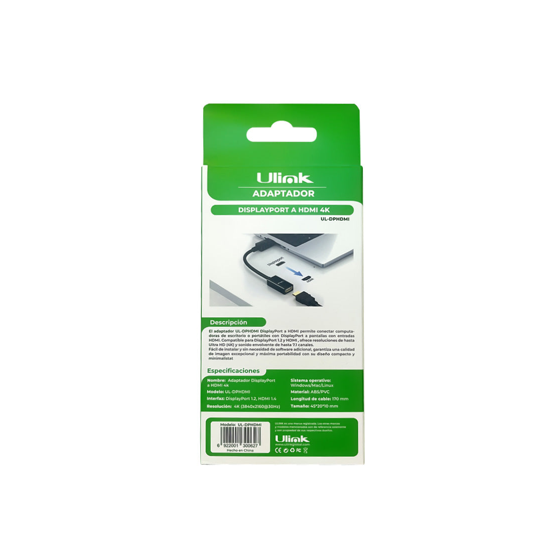 Adaptador de Video DisplayPort Macho a HDMI Hembra 4K (UL-DPHDMI)
