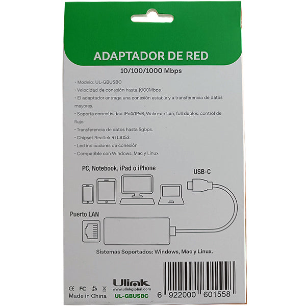 Adaptador USB Tipo C a Red Gigabit Ethernet 10/100/1000 Mbps (UL-GBUSBC)