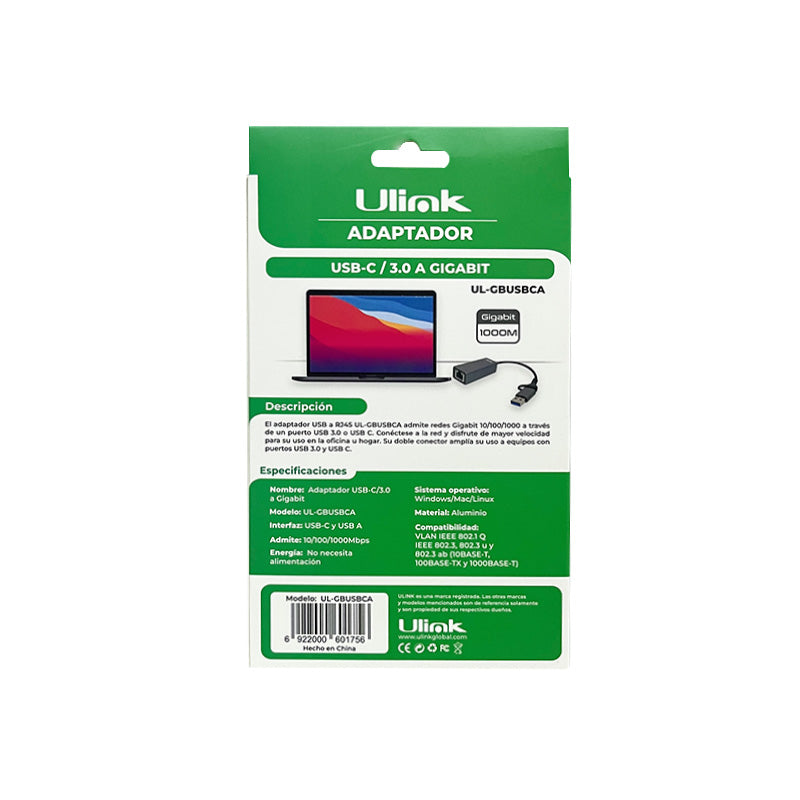 Adaptador USB Tipo C/A a Red Gigabit Ethernet 10/100/1000 Mbps (UL-GBUSBCA)