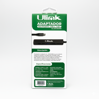 Hub USB-C 7 en 1 Ulink - HDMI 4K, USB 3.0 y Carga 100W PD
