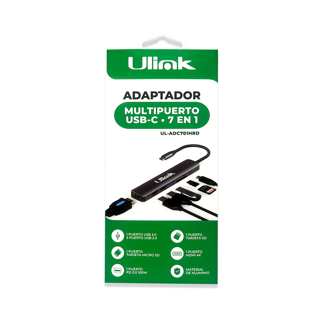 Hub USB-C 7 en 1 Ulink - HDMI 4K, USB 3.0 y Carga 100W PD