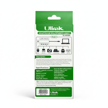 Hub USB-C 9 en 1 Multipuerto ULINK UL-ADC901 | 4K HDMI